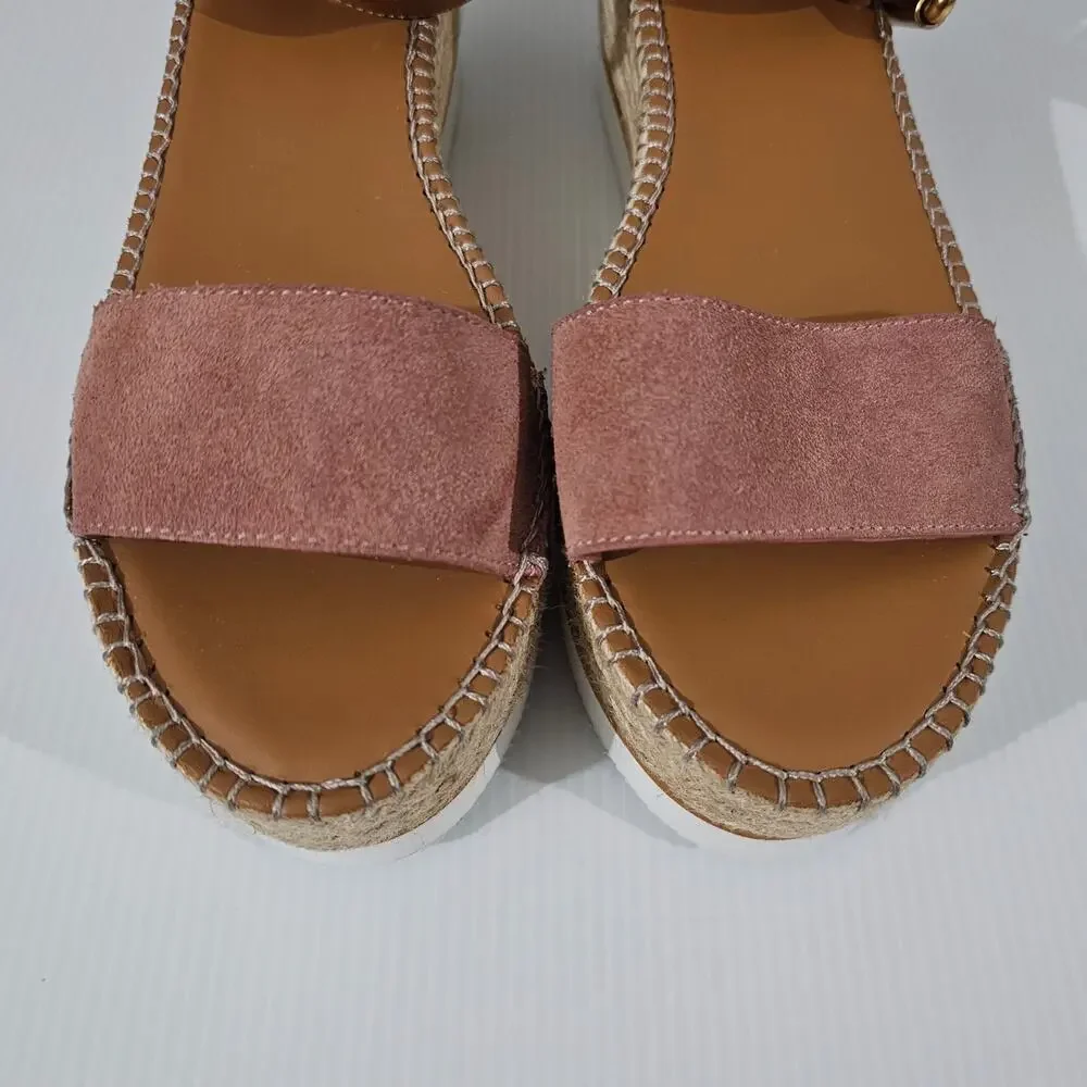 See By Chloe Glyn Platform Espadrille Sandal Womens EU 41 Pink Suede Wedge NEW